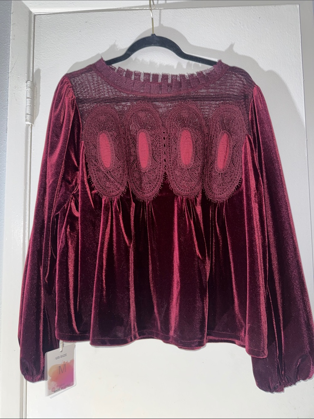Women's Velvet Lace Yoke Long-Sleeve Top - Burgundy